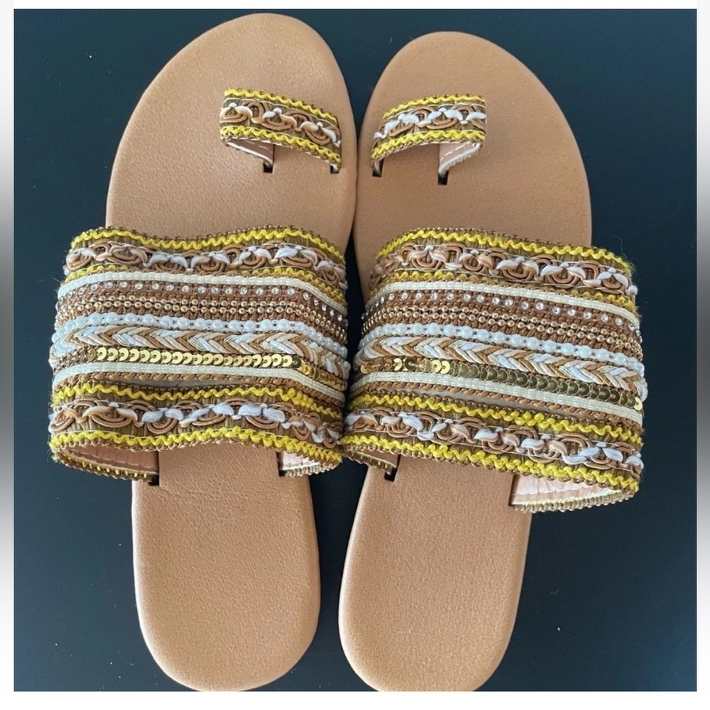 Brown, gold, pearl Boho Embellished Toe Ring Slide Sandal Size 37